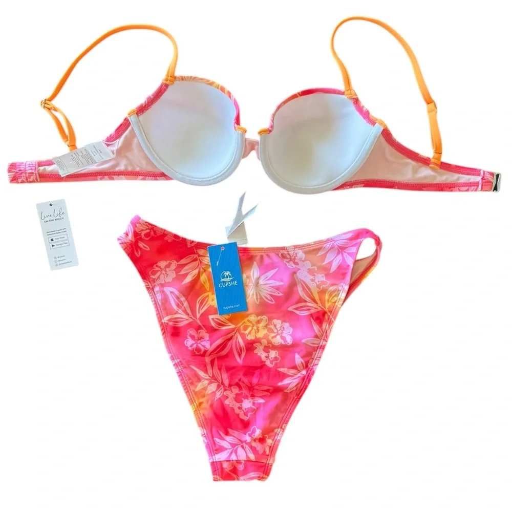 Cupshe Bikini Neon Hibiscus Floral Pink and Orange Set with Underwire Top - Picture 4 of 11